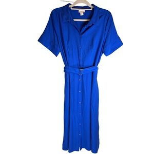 Liz Claiborne Royal Blue Short Sleeve Button Front Belted Midi Dress Size 16